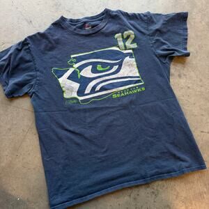 Vintage Y2k Majestic Seattle Seahawks Navy 12 Nfl Football Graphic Tee Medium